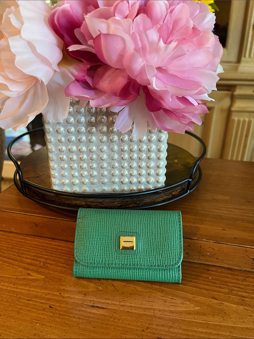 Gianfranco Ferre Green Textured Leather Card Holder with Gold Logo Plate